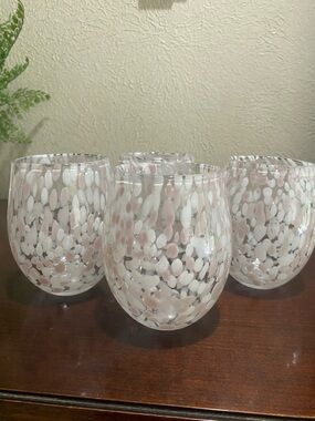 Hand-Blown Pink and White Speckled Stemless Wine Glasses - Set of 4